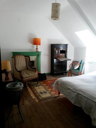 布列塔尼地区米尔Chambre d hôte chez Fany的一间卧室配有一张床、一把椅子和一个壁炉