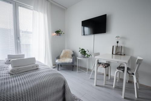 奥卢Compact high quality top floor studio in perfect location的一间卧室配有一张床、一张书桌和一台电视。