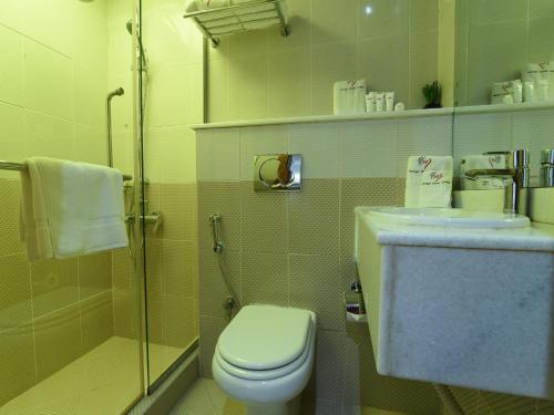 迪巴Mirage Hotel的浴室配有卫生间、淋浴和盥洗盆。
