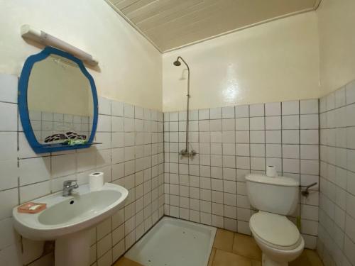班基Hotel Levy's的一间带卫生间、水槽和镜子的浴室