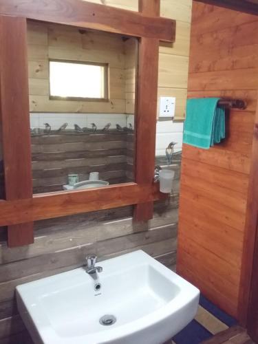 埃拉Jungle Face Inn的浴室设有白色水槽和镜子