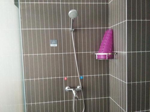 枣庄尚客优酒店山东枣庄市中区银座商城店的浴室内设有带粉红色海绵的淋浴