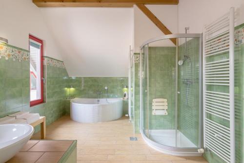 布莱德Apartma Natura的带浴缸、淋浴和盥洗盆的浴室
