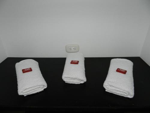 帕尔米拉Hotel Sucre Del Bosque的三条毛巾坐在一张黑桌旁