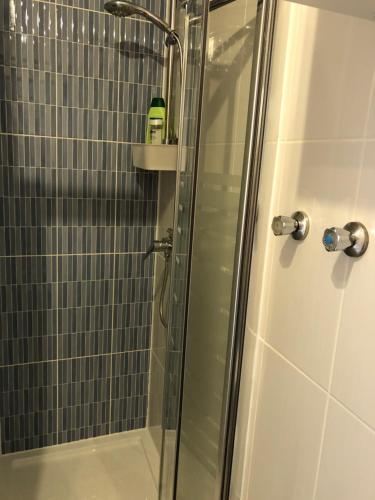 福恩吉罗拉Apartamento Trinidad mit Netflix的玻璃门淋浴,架子上装有一瓶酒