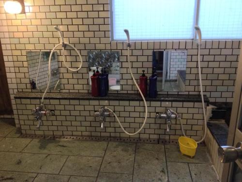 汤泽町苗场武藏宾馆的浴室设有2个水水龙头和水槽