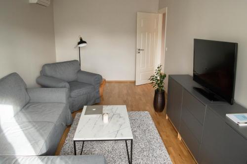 凯尔德拉Modern apartment in the heart of Kärdla的带沙发和平面电视的客厅