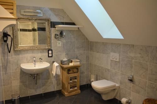 克罗纳赫迪尔库纳赫尔斯塔德特酒店的浴室配有盥洗池、卫生间和镜子。