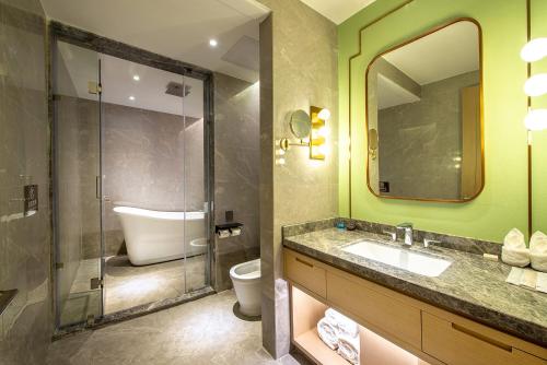 广州锦江都城酒店(广州白云站江南市场店)的一间带水槽、卫生间和镜子的浴室