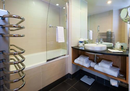 索尔兹伯里Holiday Inn Salisbury - Stonehenge, an IHG Hotel的一间带水槽和淋浴的浴室