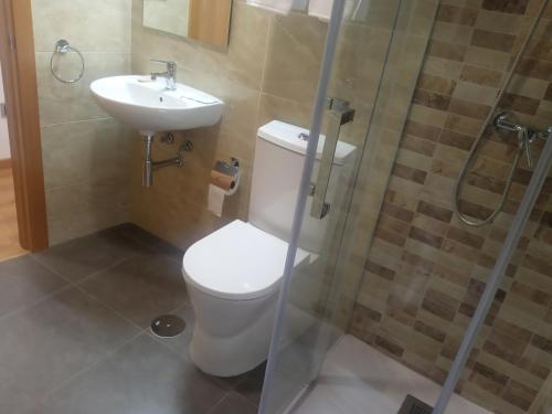 奥伦塞Hostal Outarelo的浴室配有卫生间、盥洗盆和淋浴。