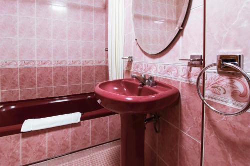 普埃布拉Hotel Lastra的粉红色的浴室设有水槽和淋浴