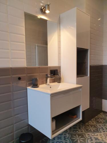 卡托维兹B&B MILES APARTMENT的一间带水槽和镜子的浴室