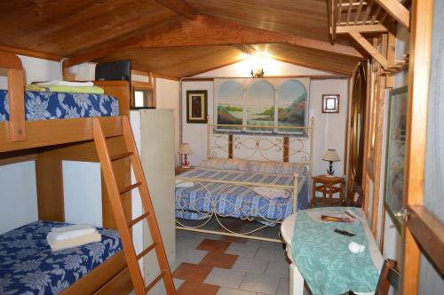 斯特龙博利吉阿丁诺斯格立托酒店的一间带双层床的房间和一间带梯子的卧室