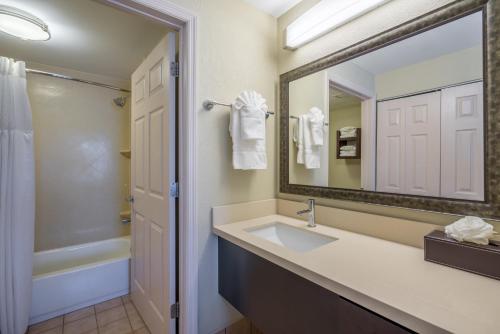 格伦米尔斯布兰迪谷威尔明顿驻桥套房酒店的浴室配有盥洗盆、镜子和浴缸
