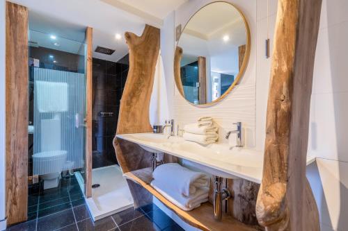 布莱顿霍夫乌纳酒店的一间带水槽、淋浴和镜子的浴室