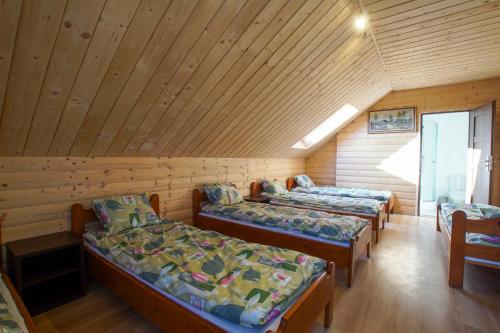 Huta SzklanaGórska Chata u Kota的小屋内带四张床的房间