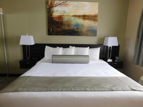 哈瓦苏湖城岛屿套房酒店的一间卧室配有一张带两盏灯的大型白色床。