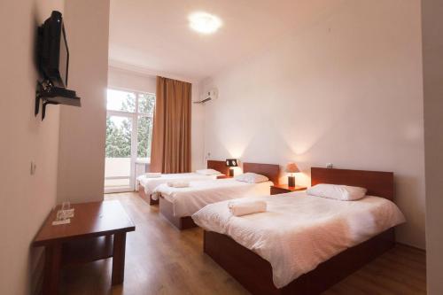 第比利斯Ortachala Palace的酒店客房设有三张床和窗户。