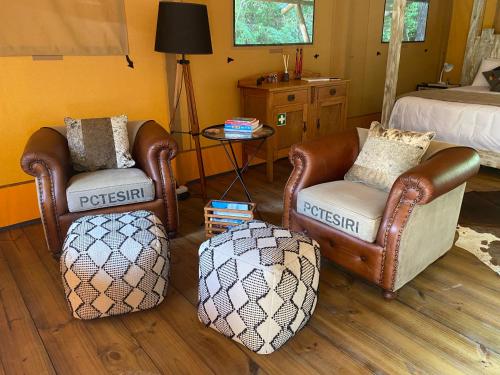 WaipapaRhino's Retreat的客厅配有两把椅子和一张床