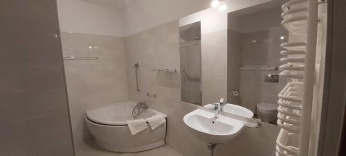 罗兹尤卡酒店的白色的浴室设有卫生间和水槽。