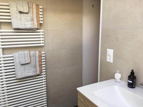 采尔马特Chalet-style Apartment with Matterhorn View的浴室设有白色水槽和镜子