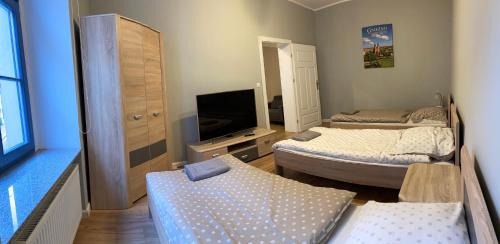 格涅兹诺Apartament Aleksandra的小房间设有两张床和电视