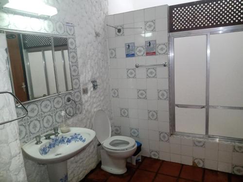 乌巴图巴Hostel Terra das Tribos的浴室配有卫生间、盥洗盆和淋浴。