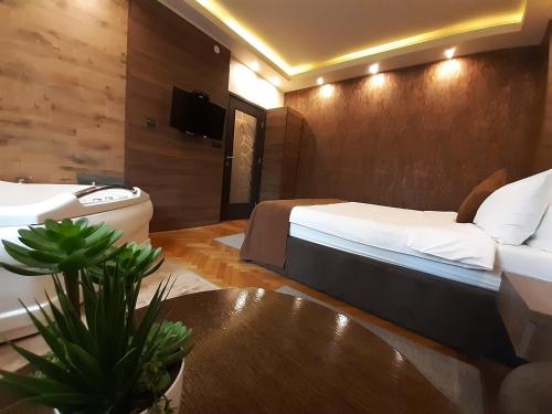 克拉古耶瓦茨Apartman D Lux Jacuzzi的酒店客房设有床和水槽
