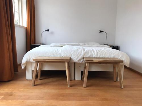 埃因霍温Huis nummer 1的一间卧室配有床和两张木桌