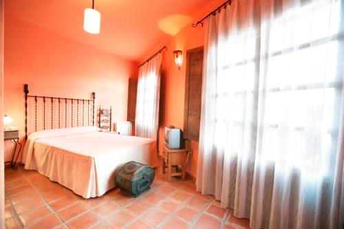 RebollarCasa Rural Las Gamellas的一间卧室设有一张床、一台电视和一个窗口。