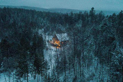 Grenville-sur-la-RougeDomaine la Cedriere的雪覆盖森林中部的小屋