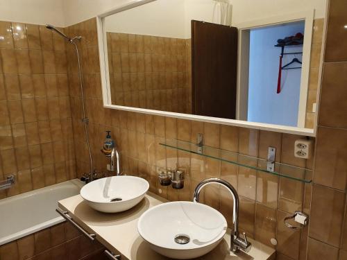 伦策海德Apartment in Lenzerheide的浴室设有2个水槽、镜子和浴缸。