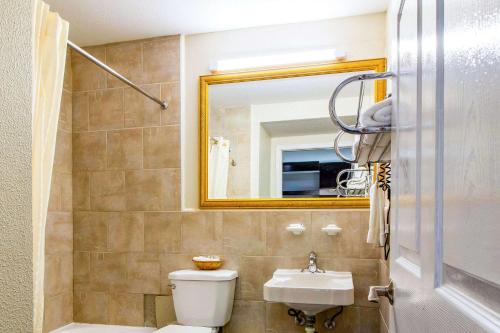 休斯顿Rodeway Inn & Suites Houston near Medical Center的一间带水槽、卫生间和镜子的浴室