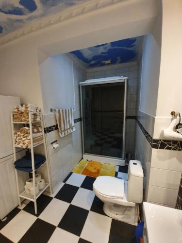 埃斯基尔斯蒂纳Paradlägenhet的一间带白色卫生间的浴室和 ⁇ 格地板
