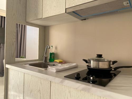 雅典24K Athena Suites的厨房配有带水槽的炉灶和锅