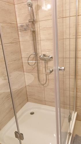罗兹Hotelik SJ的浴室里设有玻璃门淋浴