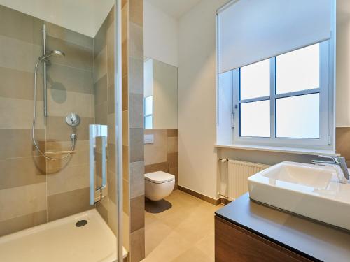 新特劳布灵Apartment:house Klosterbau的一间带水槽、淋浴和卫生间的浴室