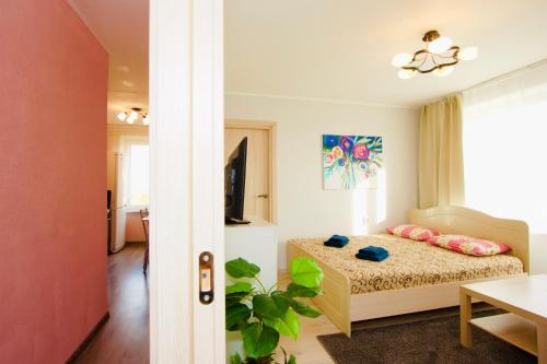 莫斯科老阿尔巴特公寓的一间卧室配有带粉红色枕头的床。