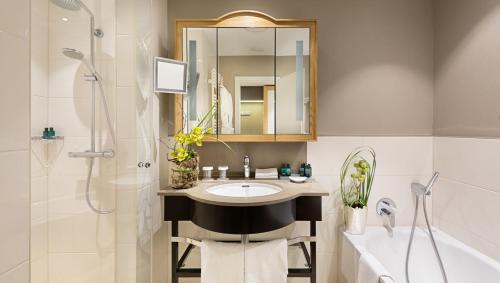 达姆施塔特加格施洛斯克兰尼斯坦酒店的一间带水槽、淋浴和镜子的浴室