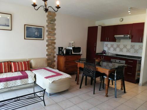 圣皮索内维尔卡提科萨公寓的带沙发和桌子的客厅以及厨房。