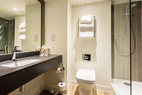 特伦特河畔斯托克Holiday Inn Stoke on Trent M6 Jct15, an IHG Hotel的浴室配有卫生间、盥洗盆和淋浴。
