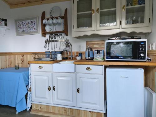 欧克汉普敦The Old Mill Shepherds Hut的厨房配有白色橱柜和微波炉