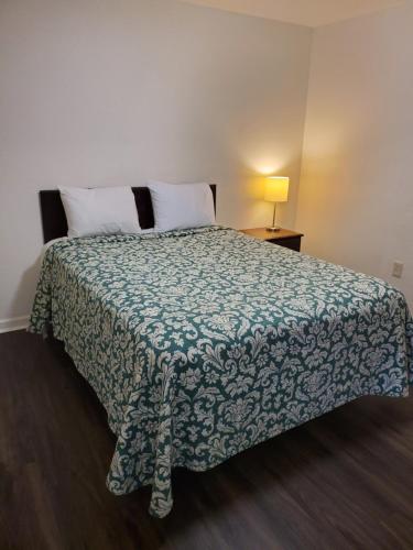 安德森Stay Lodge Anderson的一间卧室配有一张带绿色和白色毯子的床