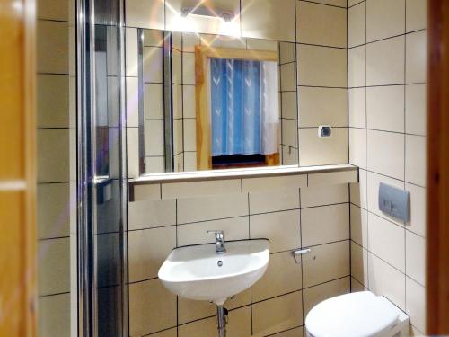 普热谢卡Ośrodek Wczasowy Zielona Gospoda的一间带水槽、卫生间和镜子的浴室