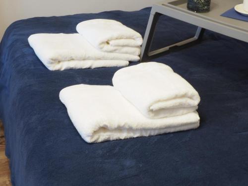切霍齐内克Apartament na Osiedlowej, Ciechocinek的四条白色毛巾,坐在床上