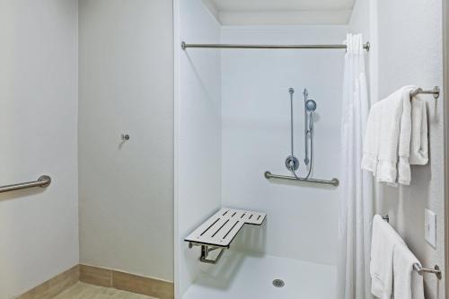 路易斯维尔达拉斯路易斯维尔快捷假日&套房酒店的带淋浴的浴室和长凳