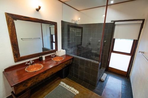 帕拉博鲁瓦Kingly Bush Villa的一间带水槽、镜子和淋浴的浴室