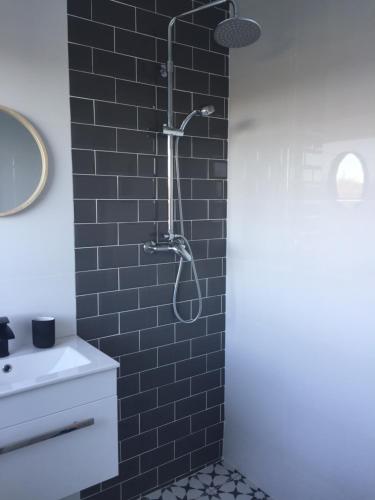 香农河畔卡里克Carrick-on-Shannon Guest House的一间带淋浴的浴室,配有黑色瓷砖墙