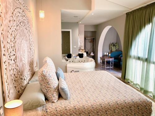 梅里达Hotel Spa Adealba的一间卧室设有一张床和一间浴室。